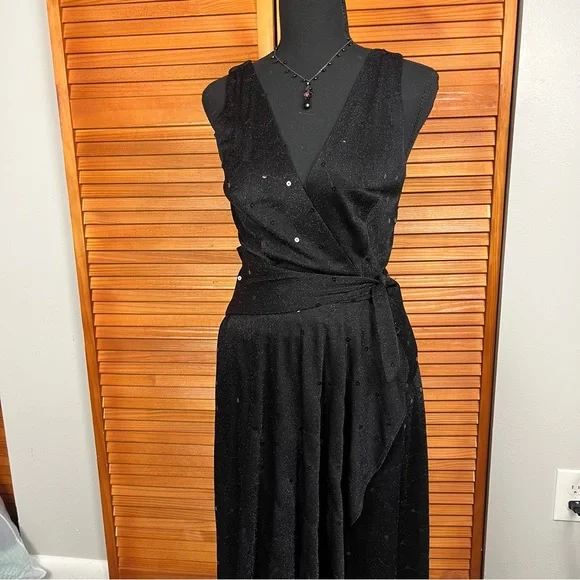 Betsy Johnson Elegant Black Sleeveless Sequins Wrap Style Maxi Dress - Picture 3 of 10